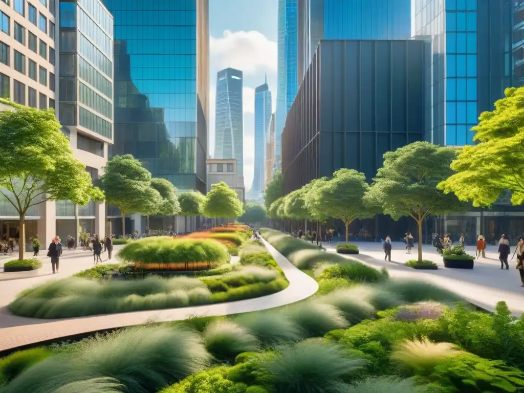 Oasis urbano: arquitectura moderna y espacios verdes en armonía Un oasis verde en medio de la ciudad: Espacios públicos verdes sostenibles integrados en la arquitectura urbana