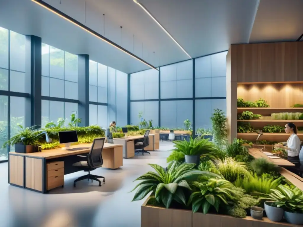 Un oasis verde en la oficina eco-friendly: plantas, luz natural y sostenibilidad en armonía