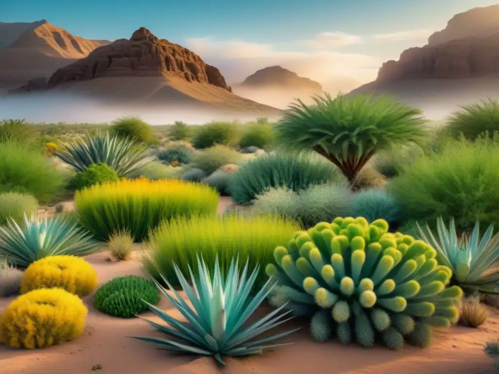 Un oasis verde resplandece en un paisaje desértico, mostrando la jardinería sostenible para oasis verde