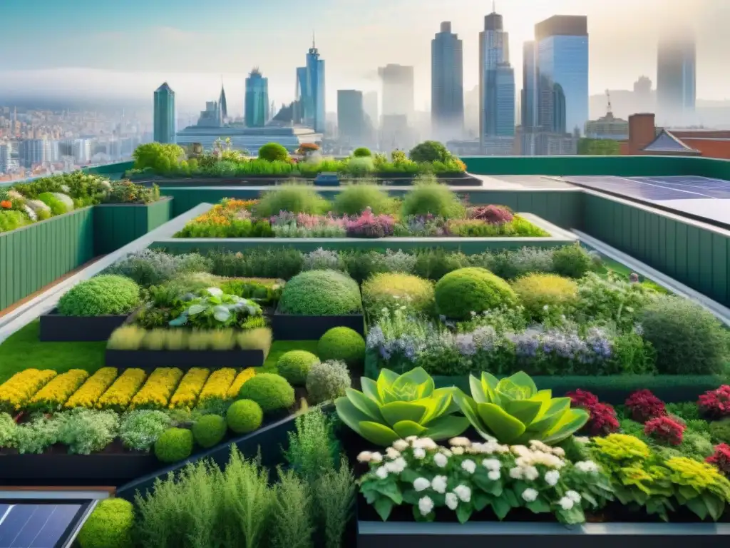 Un oasis verde sostenible en la ciudad: un jardín de techos vibrante con diversidad de plantas floreciendo