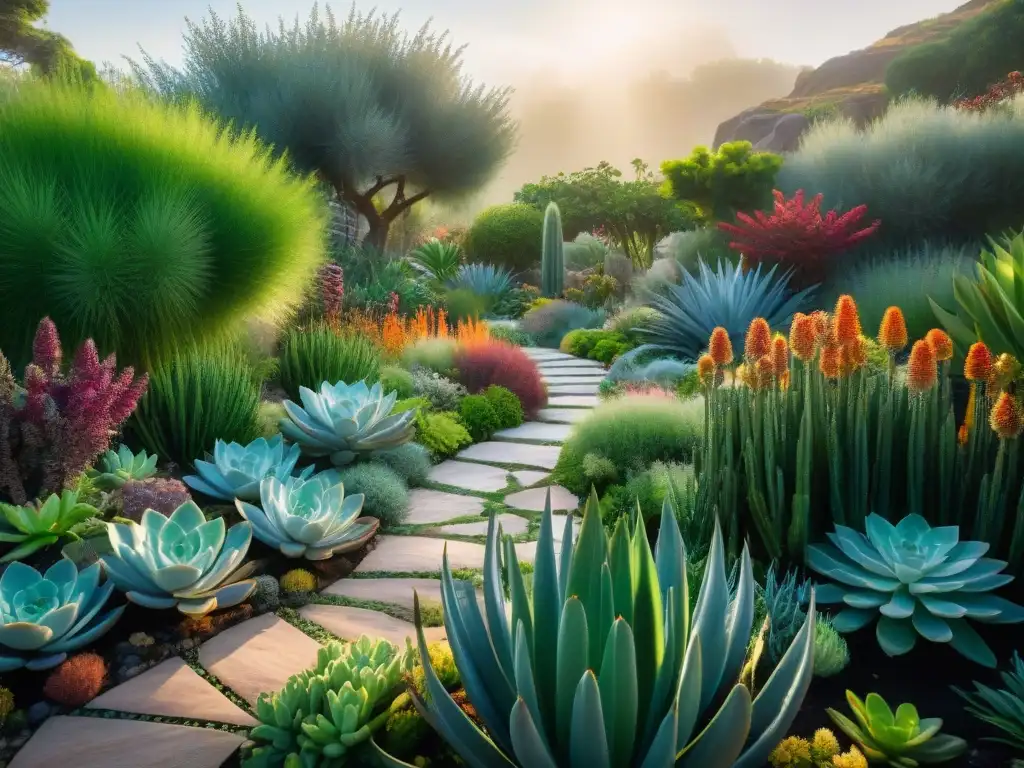 Un oasis verde de jardinería sostenible: diversidad de plantas vibrantes en armonía, bajo el sol