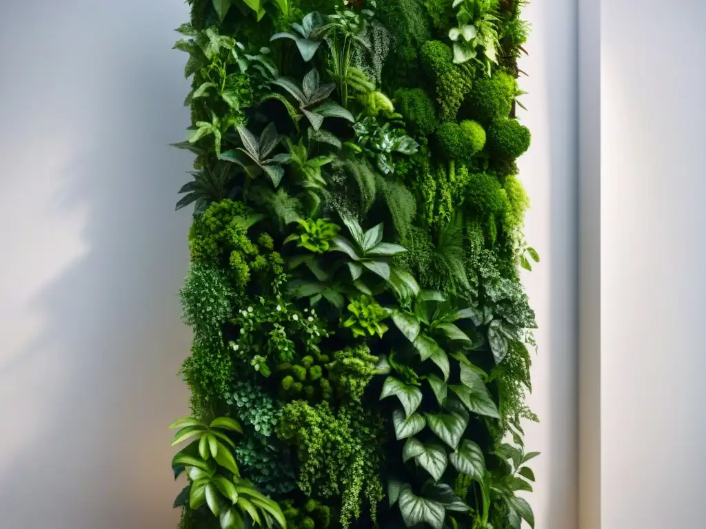 Un oasis verde vibrante: jardinería vertical sostenible en interiores con plantas cascadas y raíces intrincadas