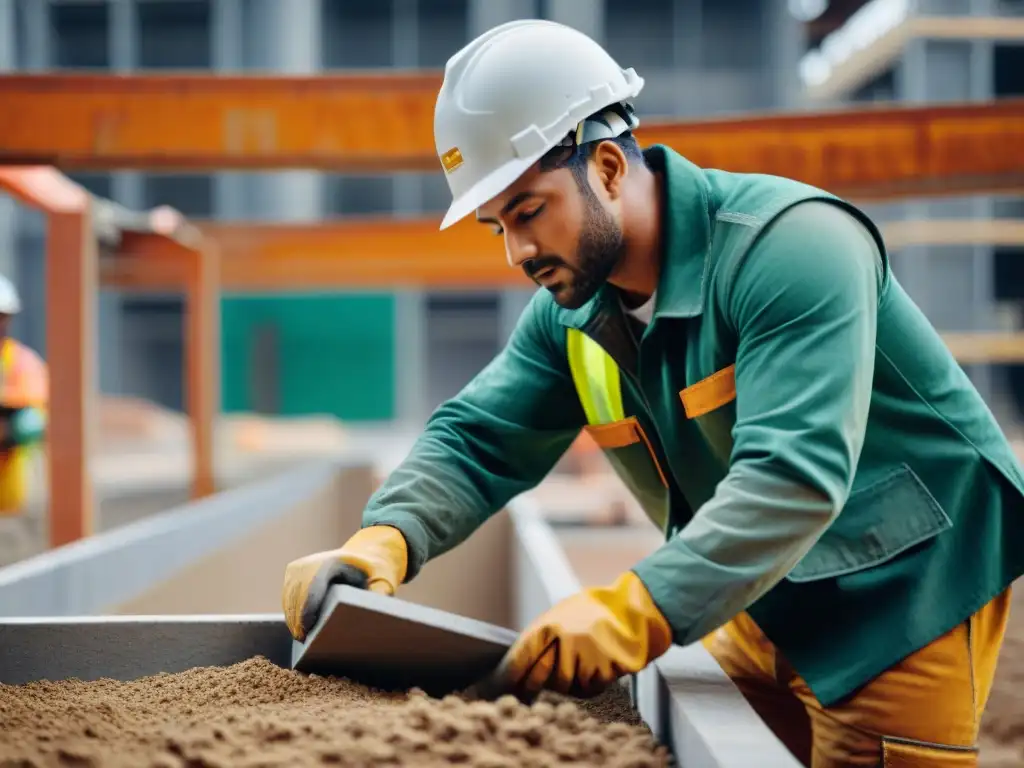 Constructor ecofriendly moldeando bioconcreto innovador Un obrero vierte bioconcreto en un molde para crear ladrillos ecológicos