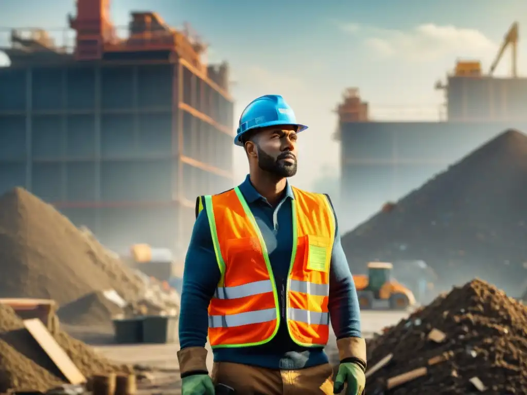 Un obrero de la construcción en un centro de reciclaje, ordenando escombros con determinación