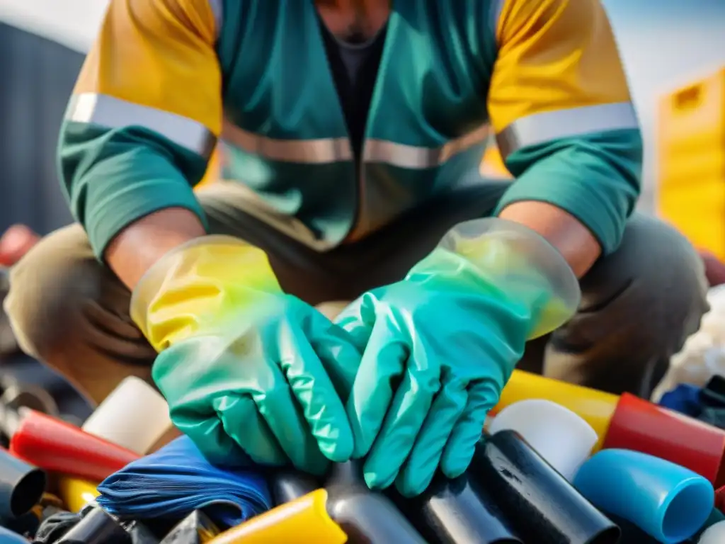 Trabajador en planta de reciclaje: Revolución de materiales sostenibles Un obrero de la construcción, con guantes, separa con atención materiales plásticos reciclados en una planta de reciclaje
