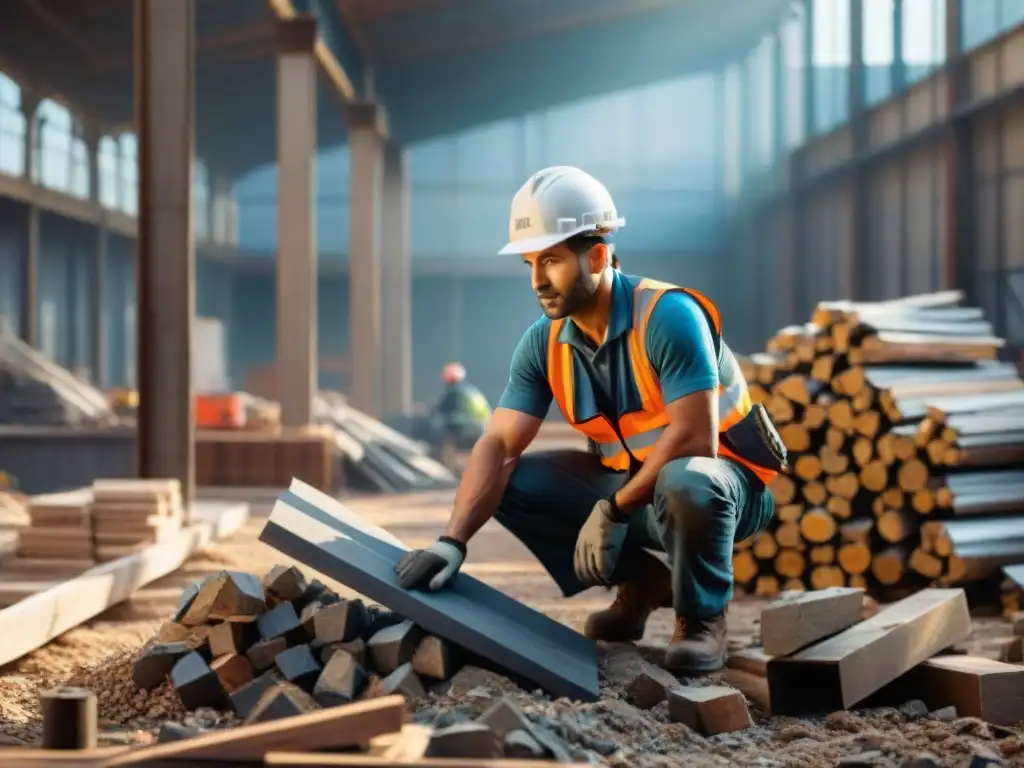 Un obrero de la construcción ordenando materiales reciclados, resaltando los beneficios de usarlos