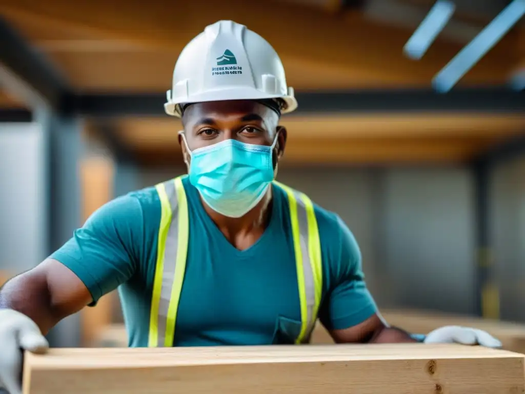 Un obrero en mascarilla colocando materiales ecológicos, transmitiendo cuidado por la salud y el impacto de los materiales de construcción