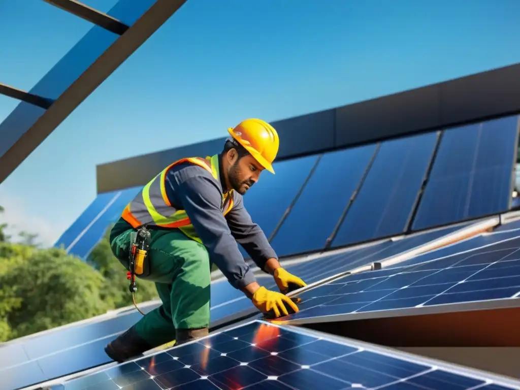 Un obrero instala paneles solares en un edificio ecológico, rodeado de naturaleza