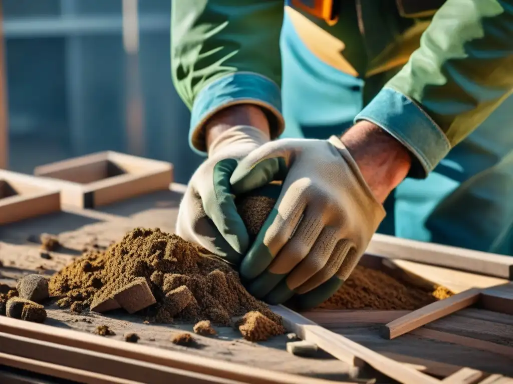 Un obrero de construcción sostenible con materiales reciclados ensambla con precisión, mostrando dedicación y cuidado en cada detalle