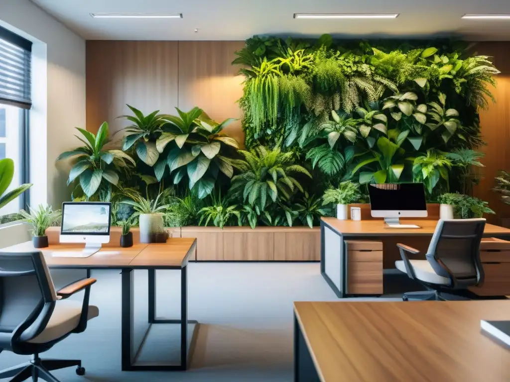 Oficina moderna con diseño biofílico en espacios laborales: plantas verdes, luz natural, tonos terrosos y muebles ergonómicos