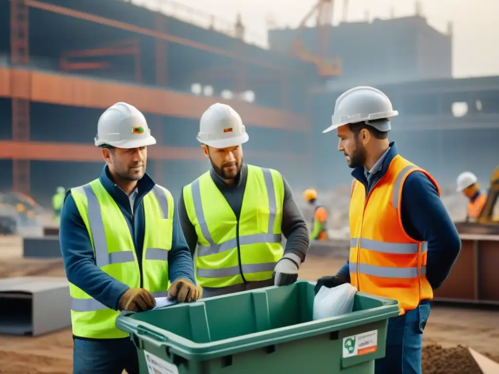 Operarios clasificando residuos en obra, demostrando gestión eficiente en construcción sostenible