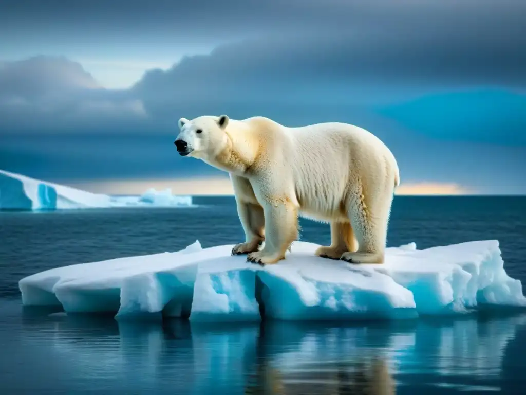 Oso polar en iceberg derritiéndose, reflejando tristeza por cambio climático