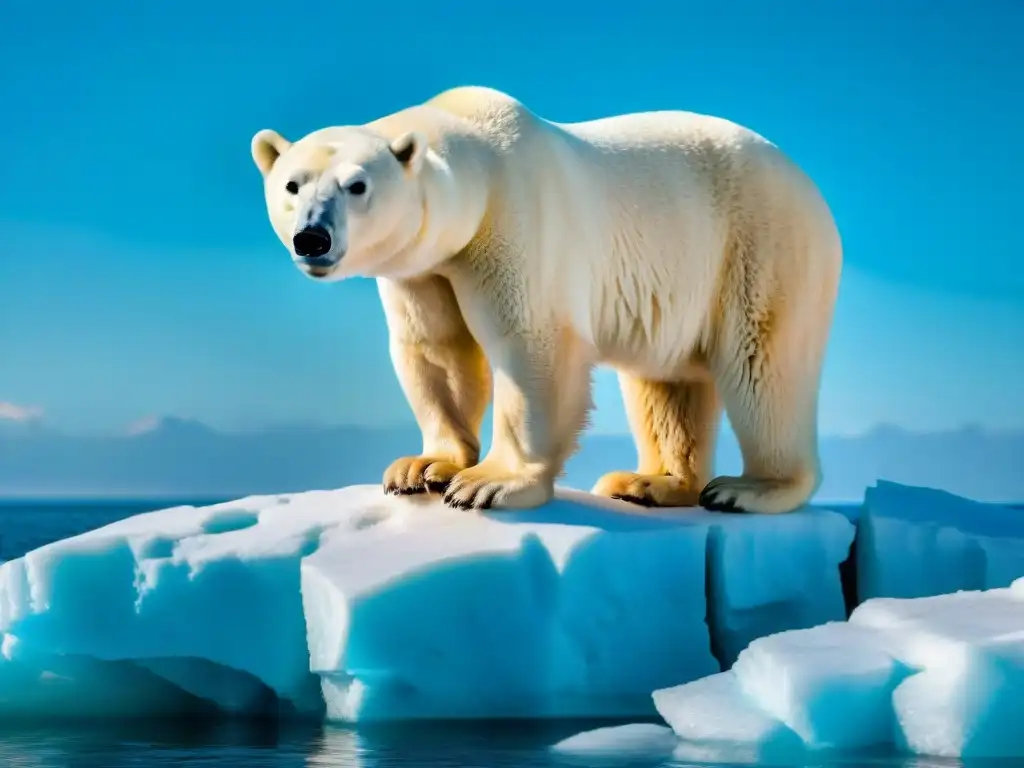 Oso polar en iceberg derritiéndose, mirando con tristeza