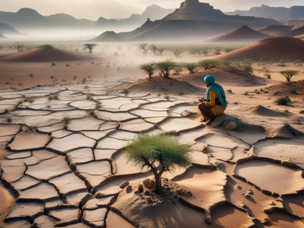 Un paisaje árido con una figura solitaria recolectando lluvia