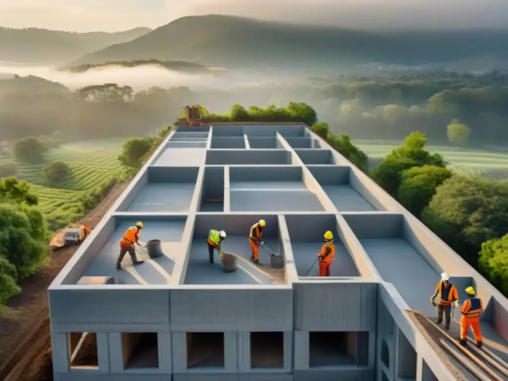 Un paisaje de construcción moderna con trabajadores vertiendo con destreza concreto ecológico en moldes, bajo el sol y un entorno verde