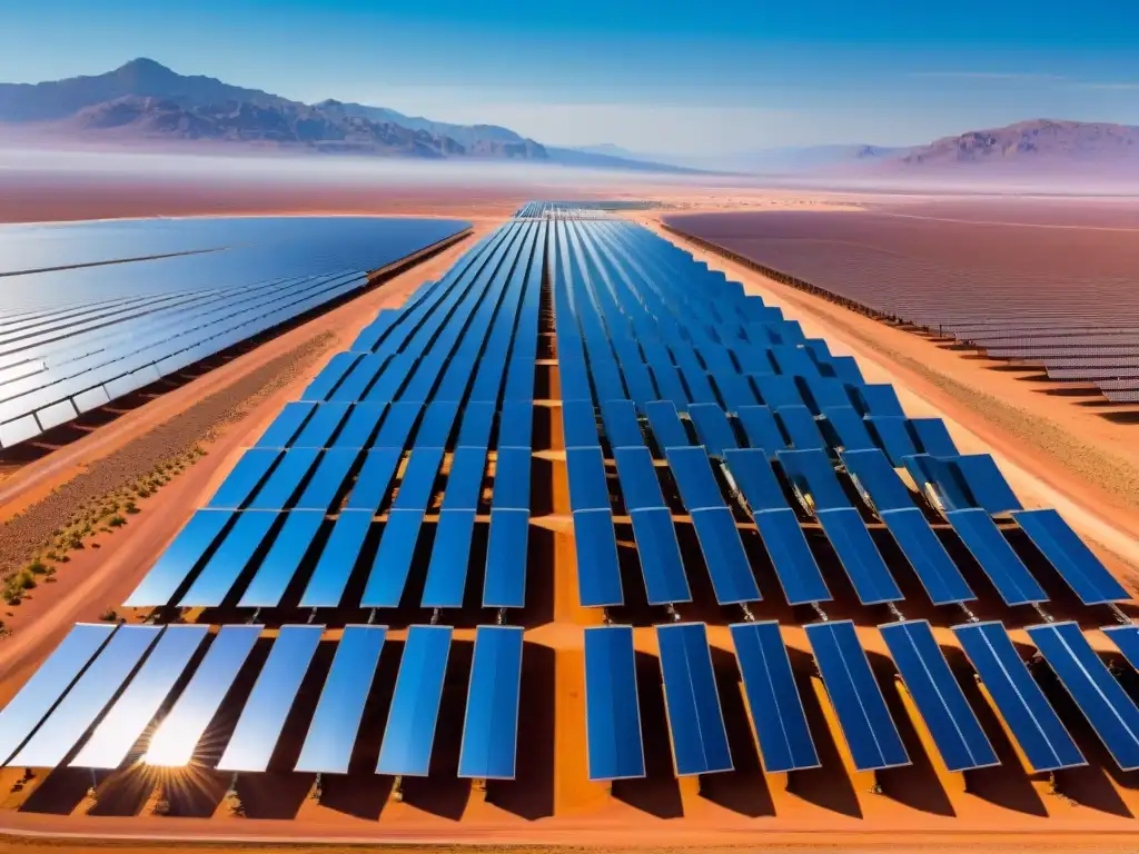 Un paisaje desértico con una planta de energía solar térmica, mostrando la armonía entre tecnología futurista y entorno natural