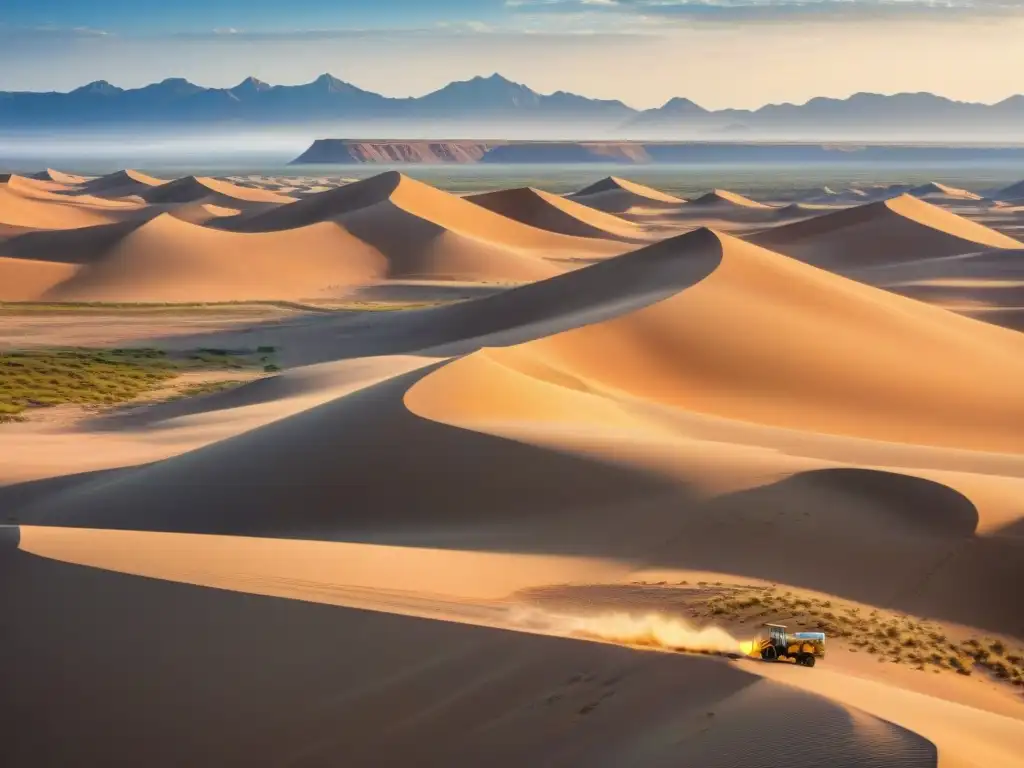 Un paisaje desértico vasto con dunas doradas se extiende bajo un cielo azul