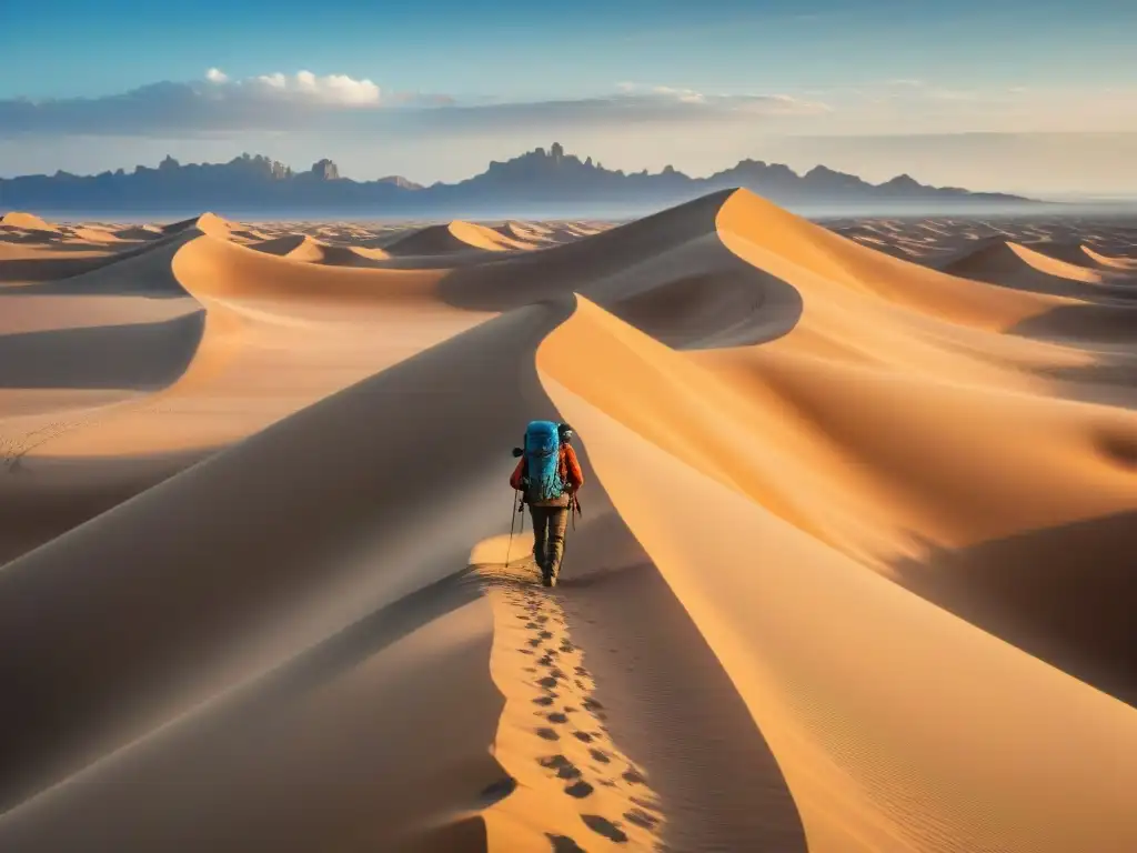 Un paisaje desértico vasto bajo el sol abrasador, con dunas de arena interminables