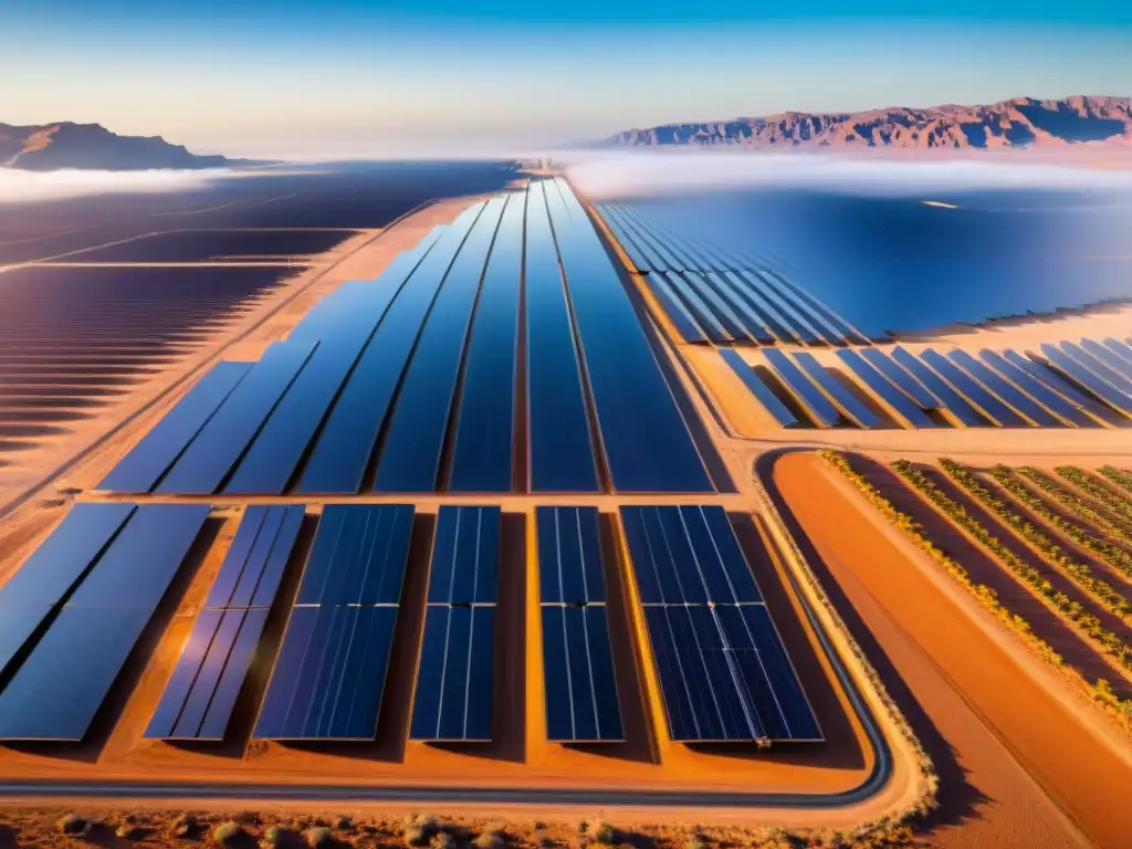 Un paisaje deslumbrante de un extenso parque solar en el desierto, con paneles solares relucientes bajo el sol