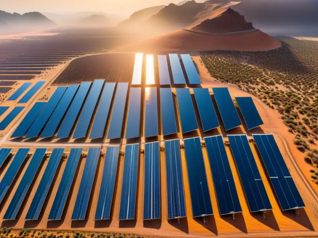 Un paisaje deslumbrante de paneles solares en un desierto, reflejando el sol y representando la energía renovable para futuro sostenible