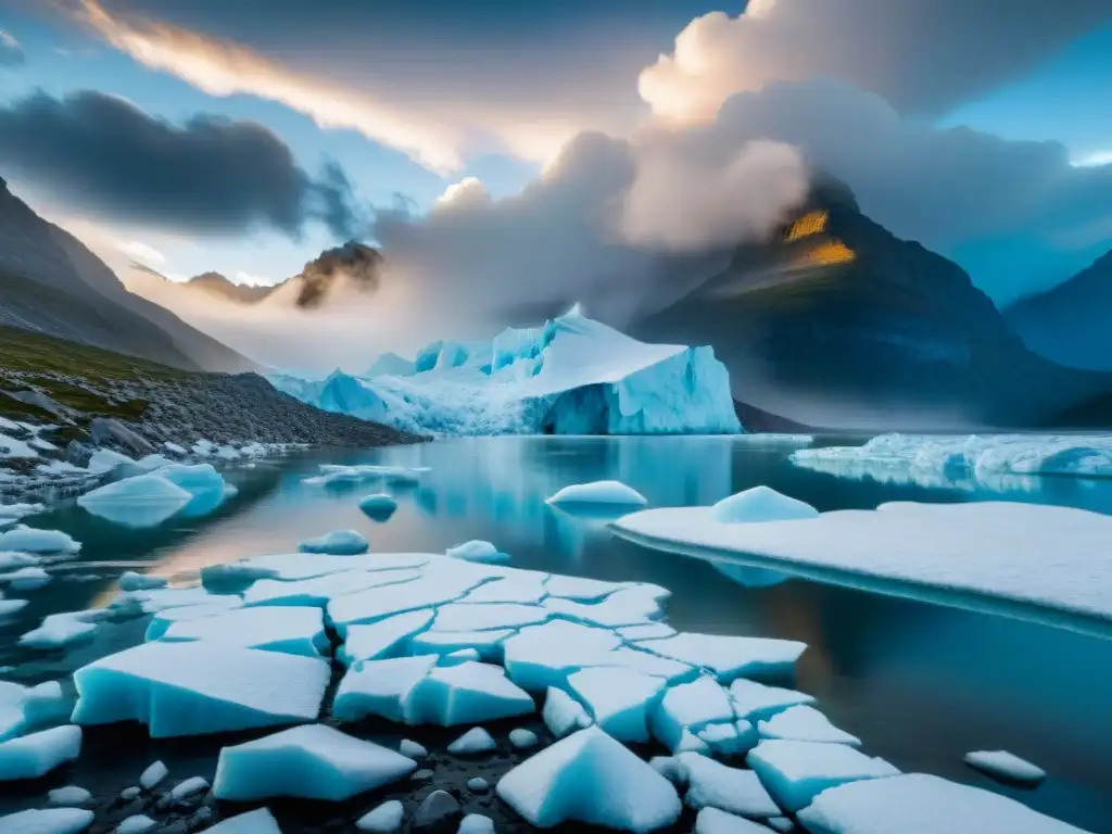 Un paisaje helado y remoto muestra un glaciar derritiéndose, destacando los efectos del cambio climático