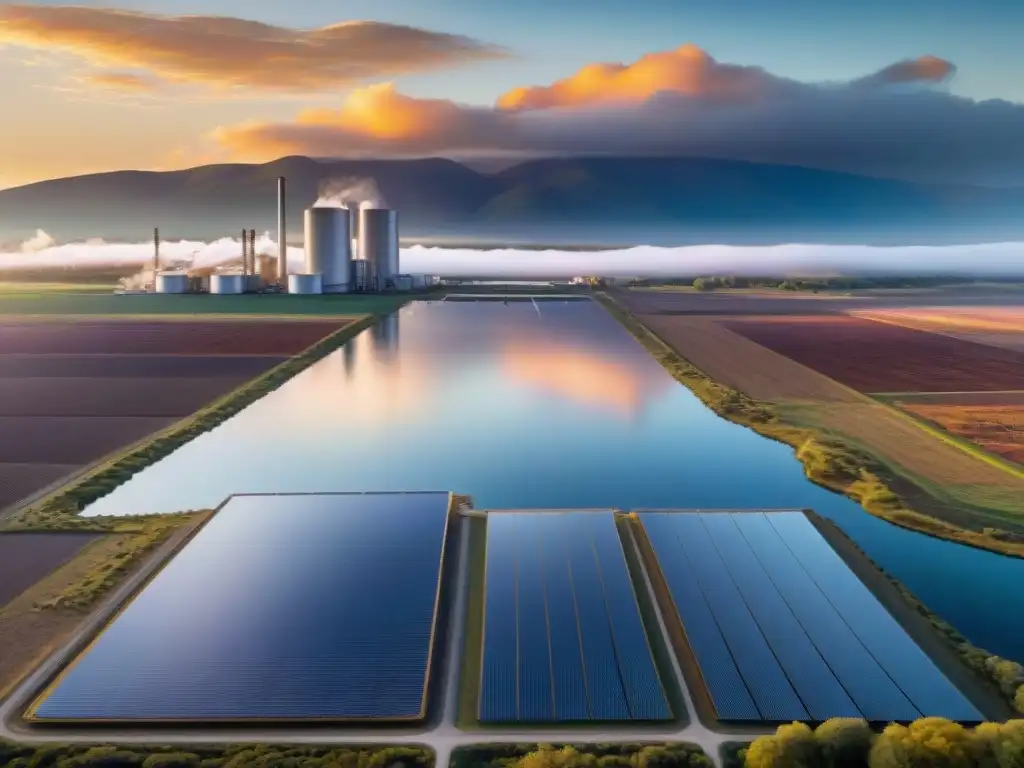 Un paisaje impactante de una planta solar térmica moderna al atardecer, reflejando el sol en sus espejos hacia la torre central