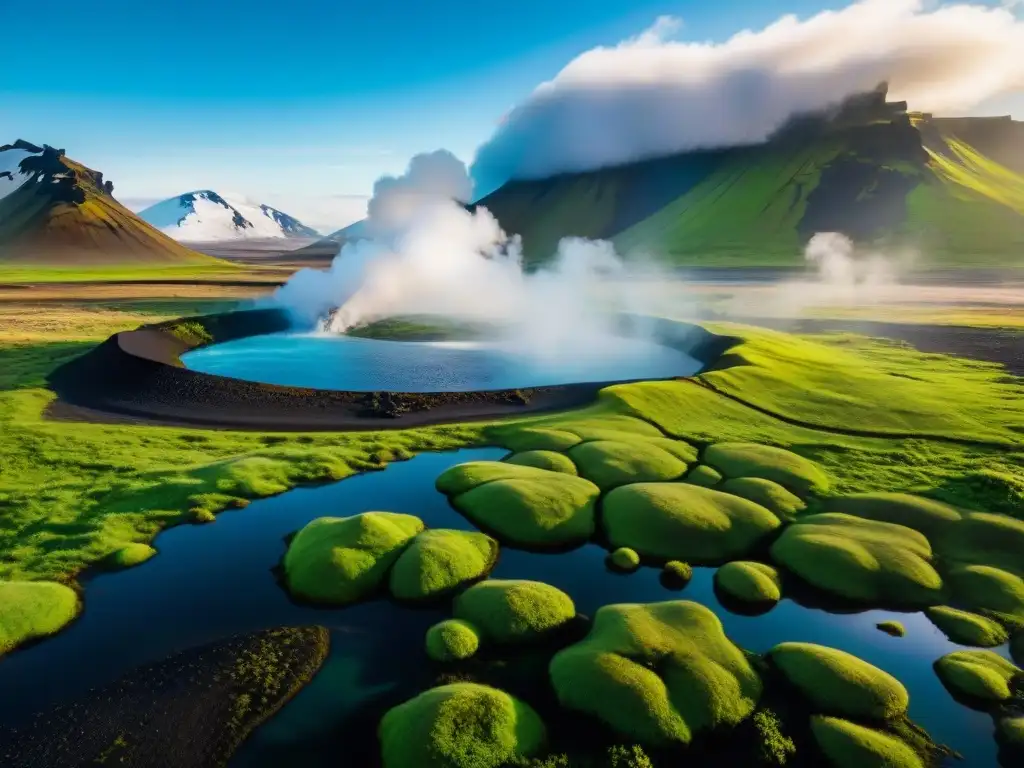 Paisaje impresionante de Islandia con campo geotérmico en primer plano y montañas nevadas al fondo