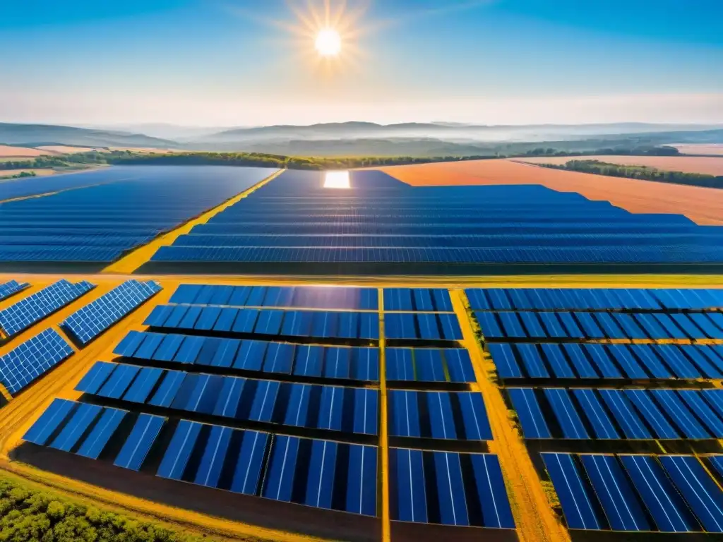 Un paisaje impresionante de una granja solar con paneles relucientes bajo el sol, reflejando el impacto positivo de la energía limpia