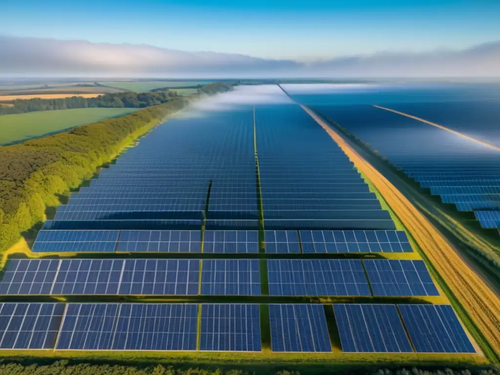 Un paisaje impresionante de una granja solar que se extiende en el horizonte, con paneles solares relucientes bajo el sol