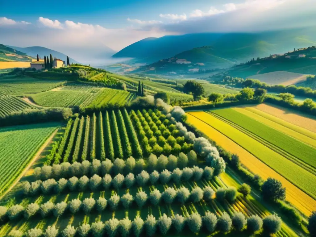 Un paisaje italiano de ensueño con viñedos y olivares verdes bajo el sol, reflejando el turismo sostenible en granjas orgánicas