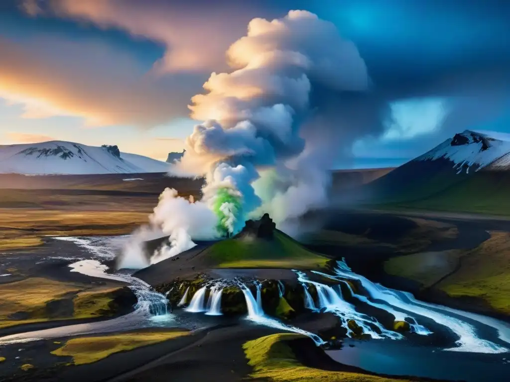 Paisaje mágico en Islandia con géiseres y luces del norte, fusionando energía geotérmica con la naturaleza