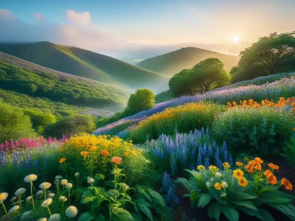 Paisaje restaurado con técnicas de restauración de ecosistemas: flores silvestres, árboles altos y vida salvaje diversa