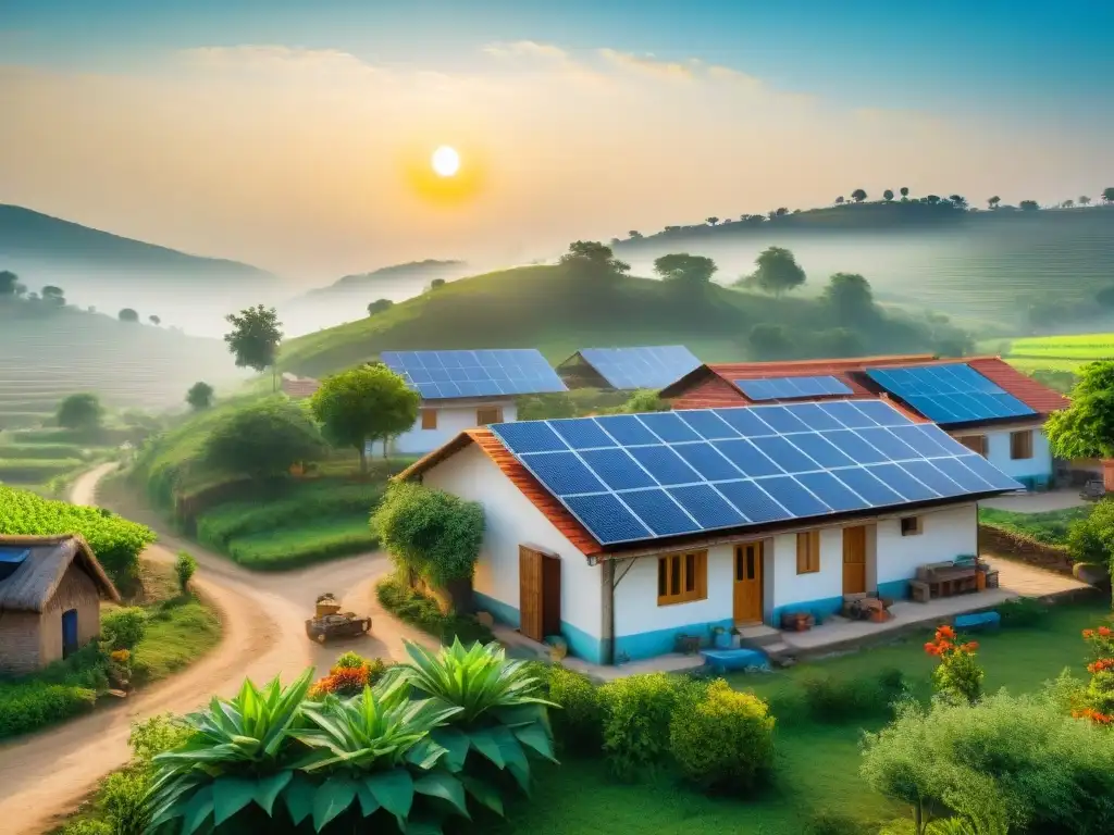 Aldea rural sostenible: paneles solares iluminan la vida Paisaje rural con paneles solares, mejora calidad de vida en comunidad