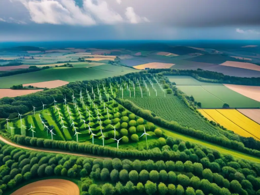 Paisaje rural con paneles solares y turbinas eólicas integradas, destacando las microredes de energía sostenible en comunidades