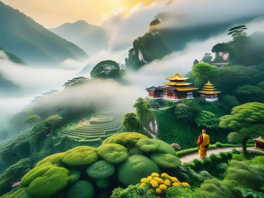 Monasterio asiático en bosque verde al amanecer Paisaje de amanecer sereno sobre un bosque verde con monasterio asiático y monjes, armonía con la naturaleza