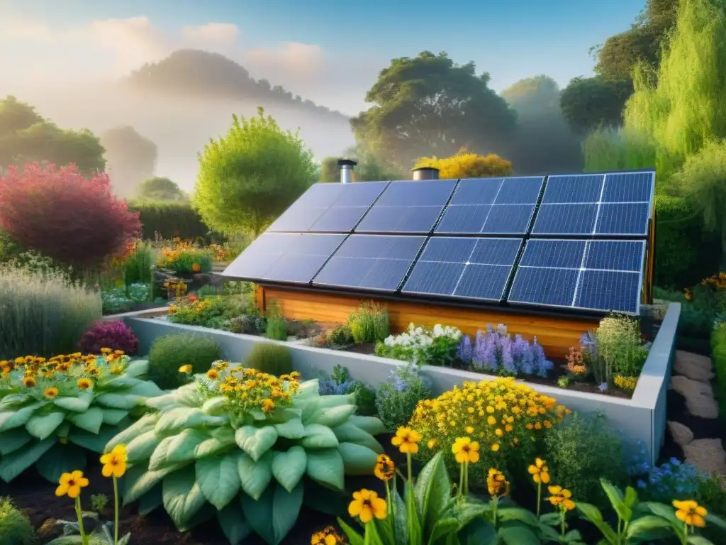 Paisaje sereno de jardín ecológico en casa moderna con paneles solares, huerto, colmena y abejas