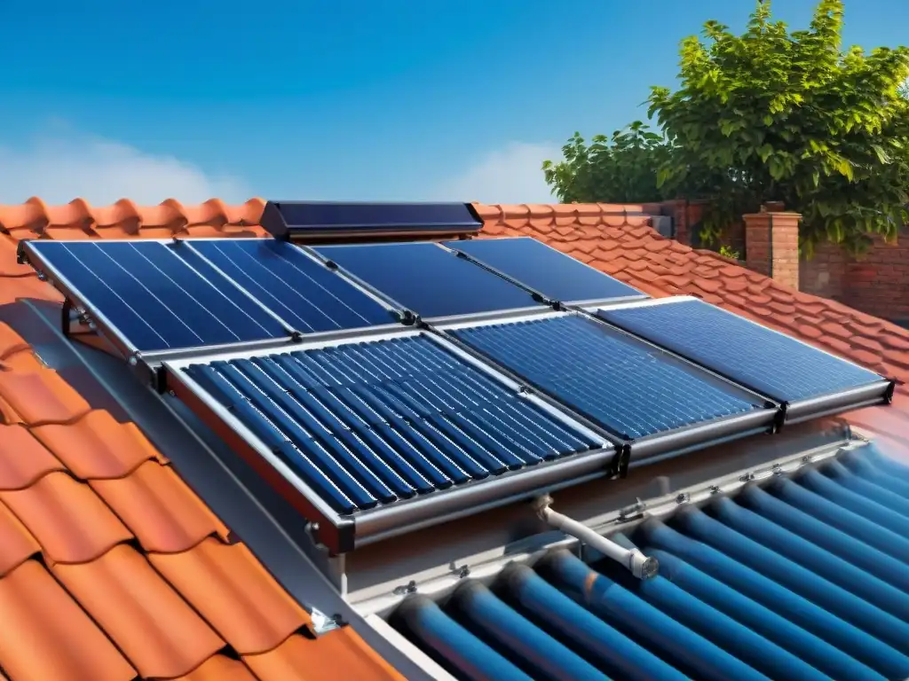 Un paisaje soleado con sistemas de calentamiento de agua solar en techos de casas, destacando los beneficios del uso de tecnología solar