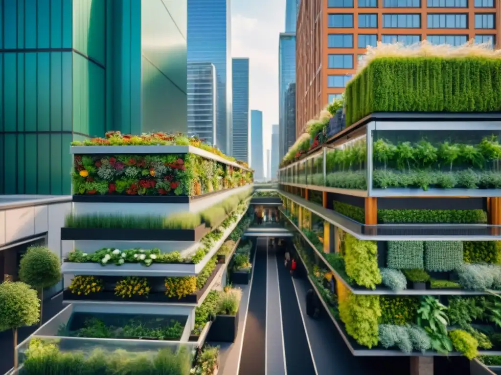 Un paisaje urbano bullicioso con construcción verde y diseño sostenible: rascacielos con jardines en azoteas, paneles solares y jardines verticales integrados