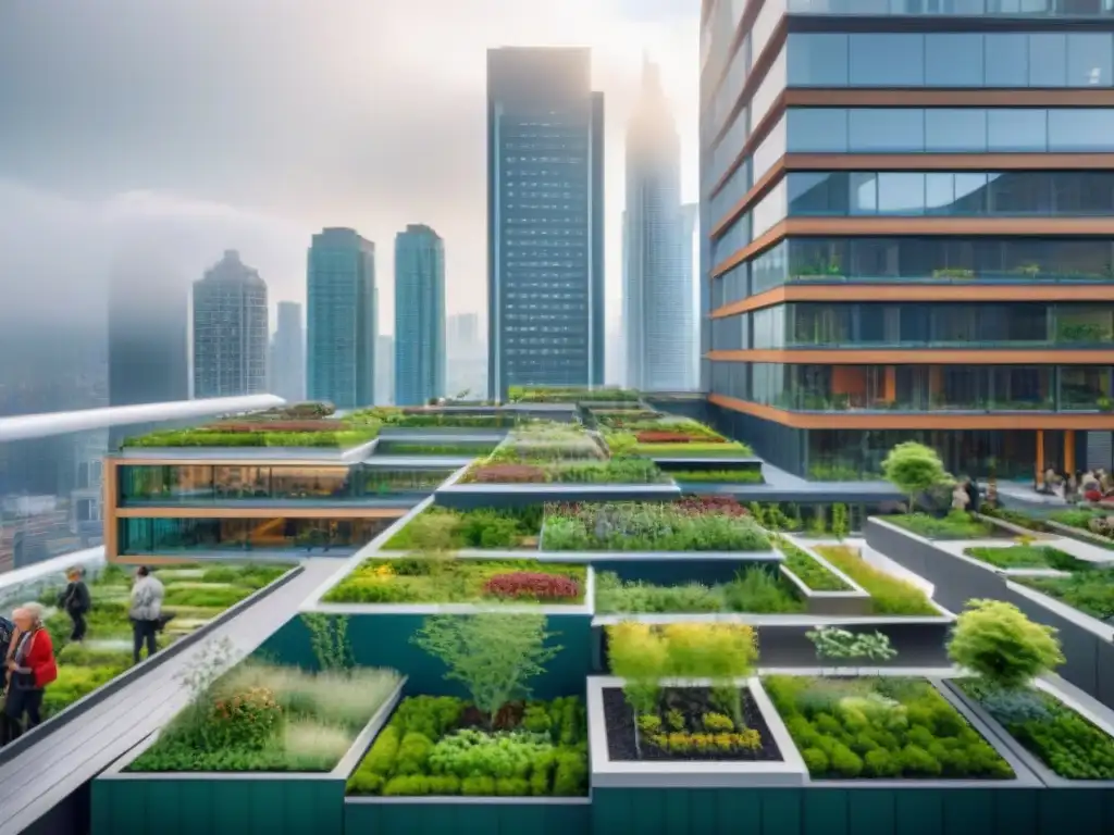 Un paisaje urbano bullicioso con rascacielos cubiertos de exuberante vegetación, mostrando la integración de arquitectura verde en una ciudad moderna