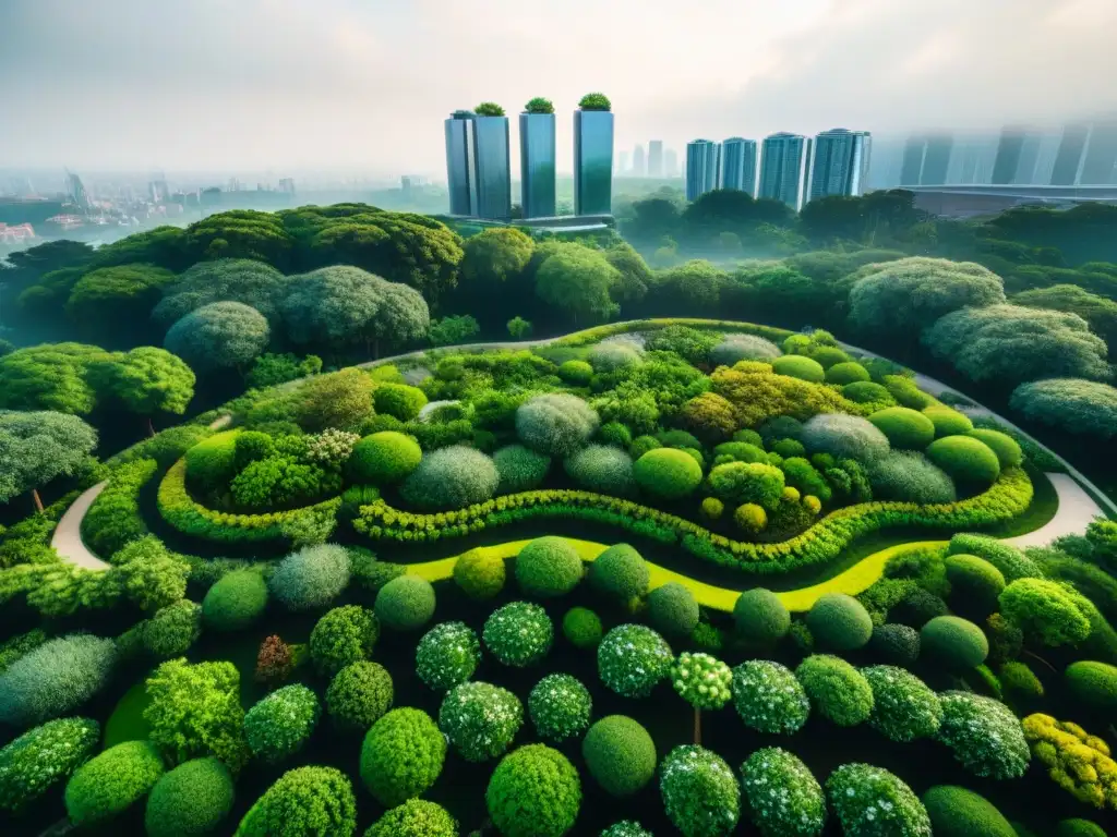 Metrópolis verde: arquitectura moderna y naturaleza en perfecta armonía Un paisaje urbano donde el Diseño Biofílico para ciudades sostenibles fusiona naturaleza y arquitectura moderna