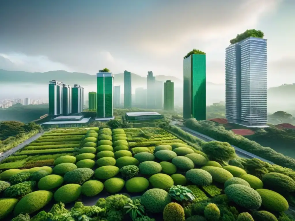 Un paisaje urbano con edificios modernos verdes integrados con exuberante vegetación, simbolizando la promoción de la construcción verde por las autoridades locales