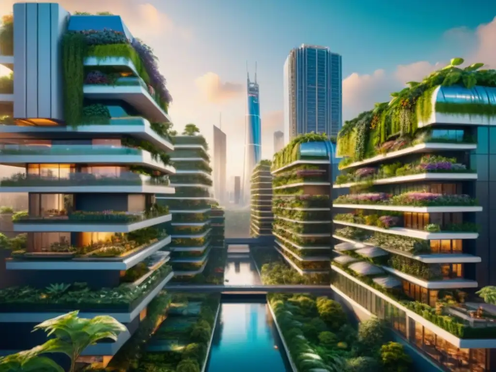 Un paisaje urbano futurista con jardines verticales para ciudades sostenibles bañados por la luz del atardecer