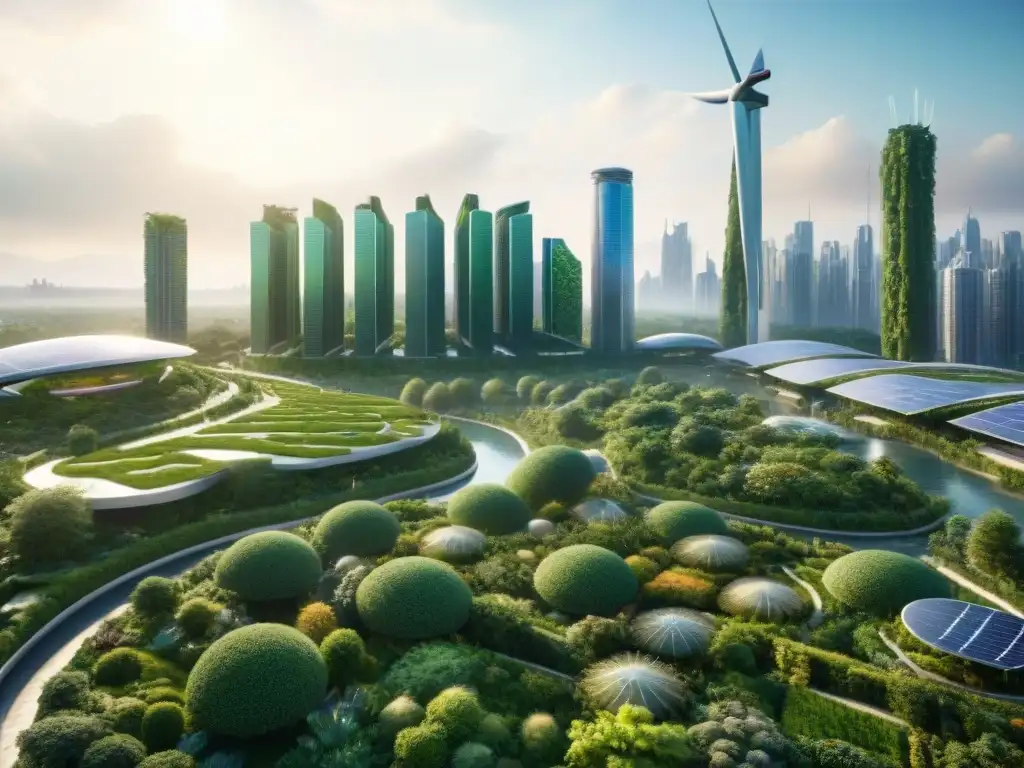 Un paisaje urbano futurista sostenible en 8k, fusionando naturaleza y tecnología