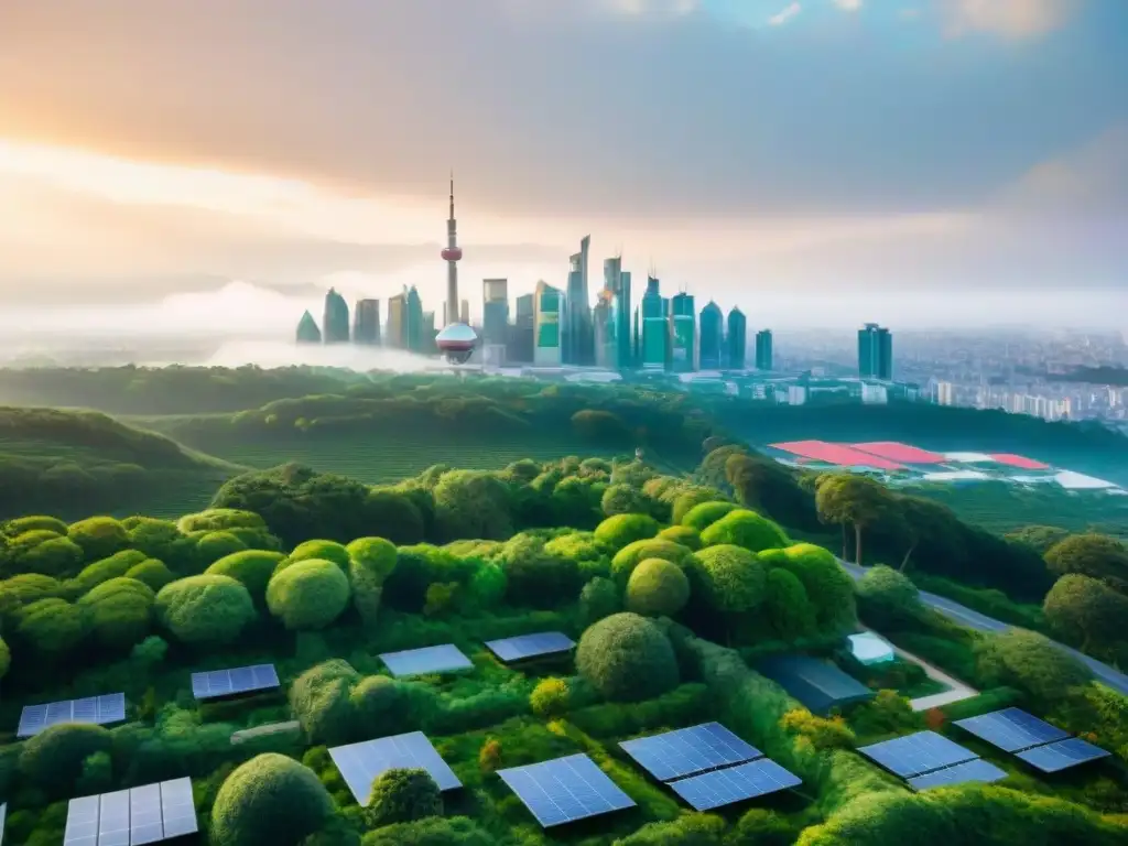 Un paisaje urbano moderno con azoteas verdes, paneles solares y arquitectura sostenible, en armonía con la naturaleza para las futuras generaciones