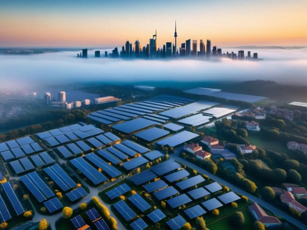 Un paisaje urbano moderno con edificios decorados con elegantes paneles solares transparentes eficientes, reflejando la luz del sol y creando un patrón hipnotizante de luces y sombras