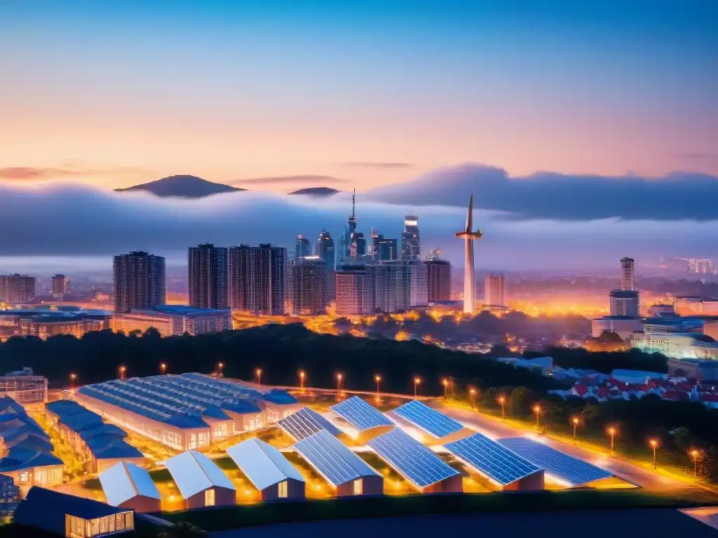 Un paisaje urbano moderno iluminado con eficiencia energética al anochecer, con paneles solares y turbinas eólicas bajo un cielo estrellado