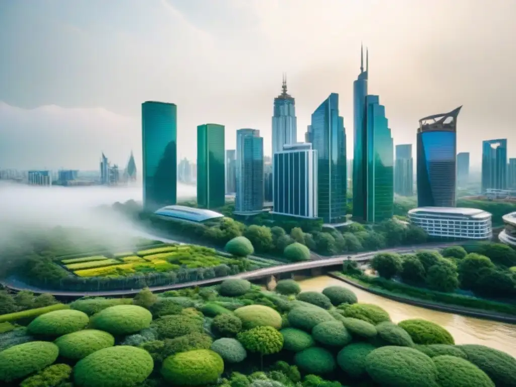 Arquitectura moderna en armonía con la naturaleza: Metrópolis verde Un paisaje urbano moderno integrado con la naturaleza: diseño urbano moderno con naturaleza en una metrópolis armoniosa