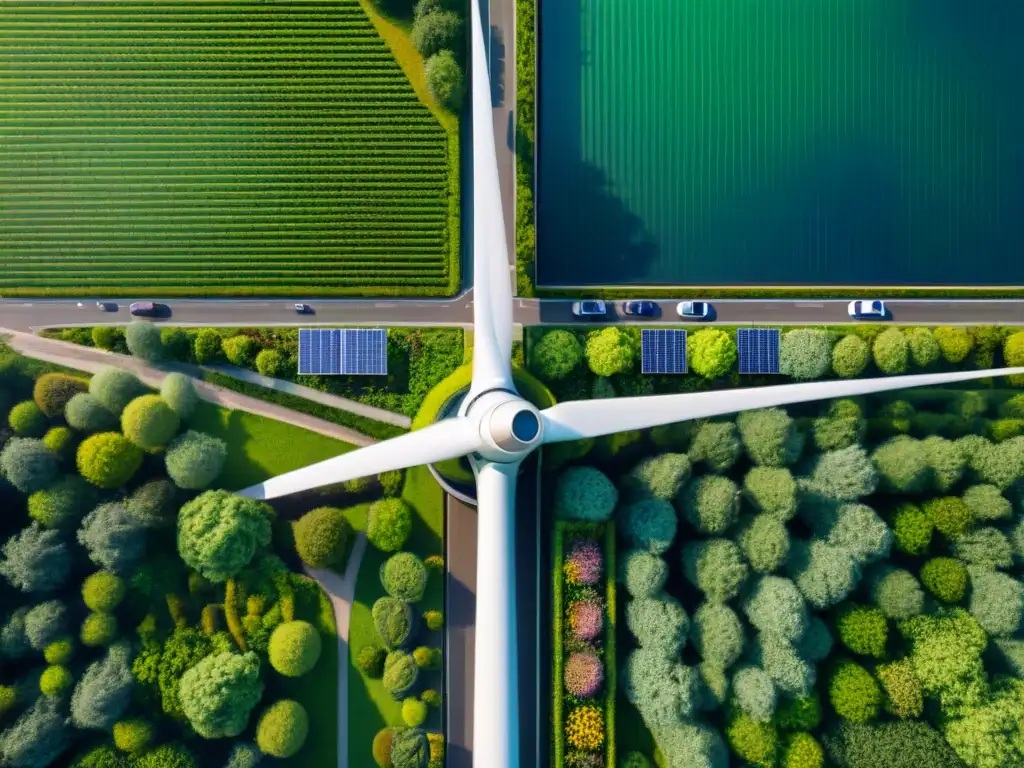 Un paisaje urbano moderno integrado con espacios verdes, energías renovables y arquitectura sostenible