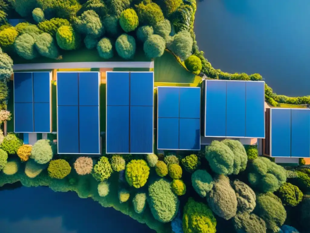 Un paisaje urbano moderno con paneles solares en los techos, integrando Gestión energética inteligente en arquitectura