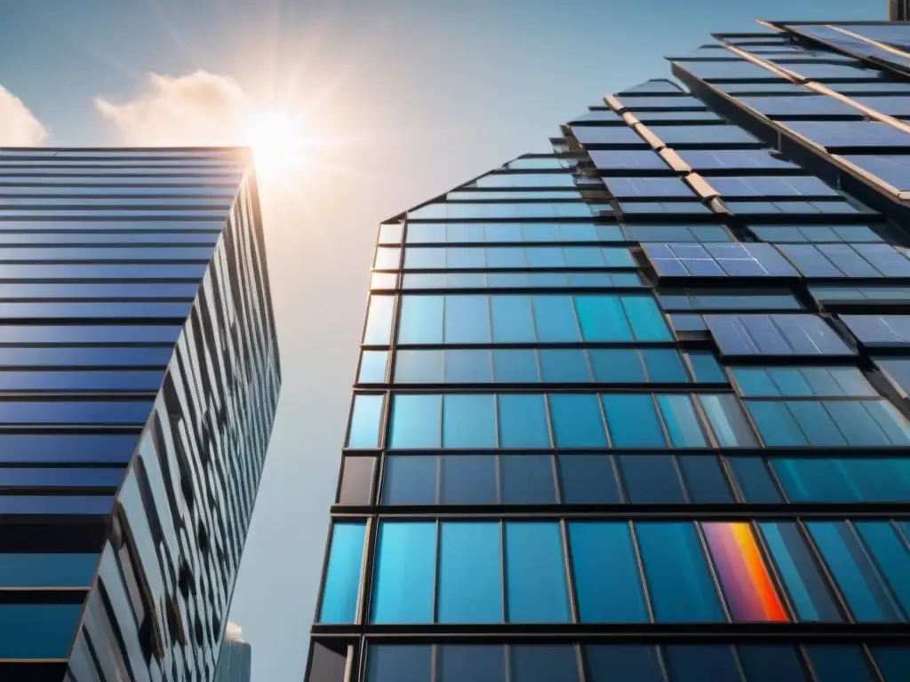 Un paisaje urbano moderno con paneles solares transparentes eficientes capturando la luz solar en un rascacielos